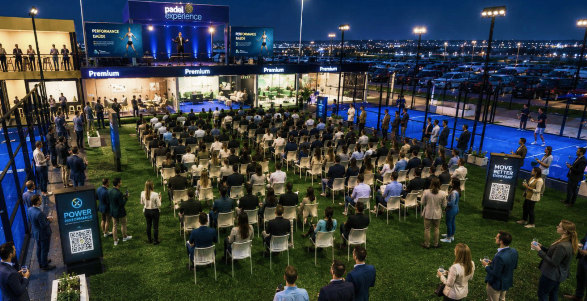Plateia lotada assistindo a uma palestra do Health Performance Summit no Padel Experience, com palco iluminado, lounges premium e quadras de padel ao fundo